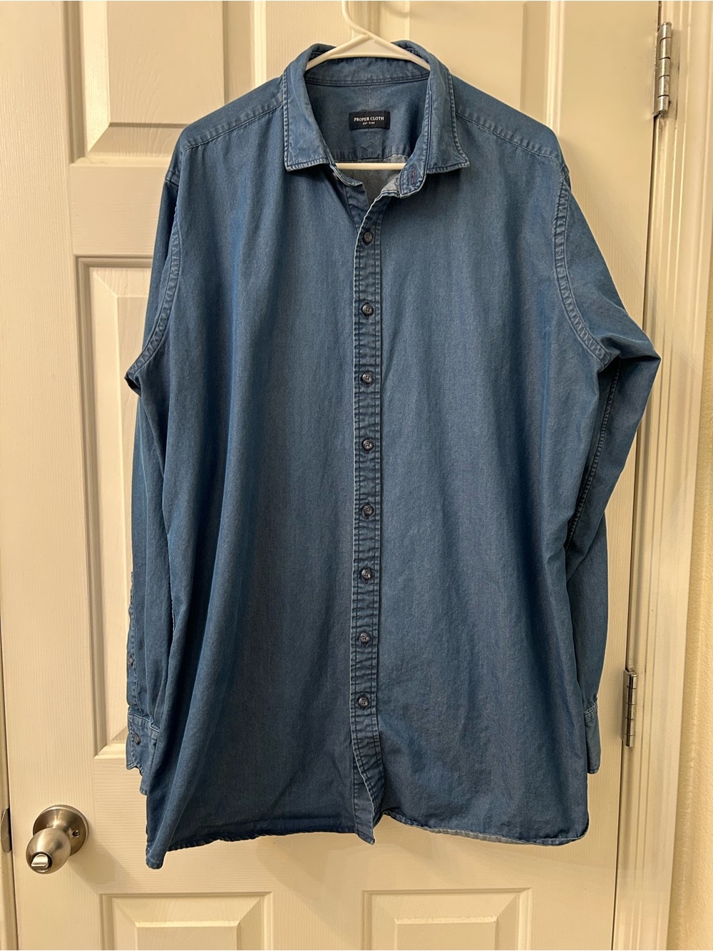 XXL and Tall Proper Cloth Light Blue Denim Button-Up Shirt.